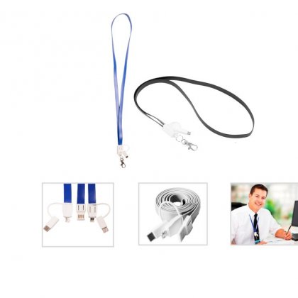 Personalized 3-In-1 Charging Cable (Lanyard) (K N E C T - Lan-C) / Black, White, Blue