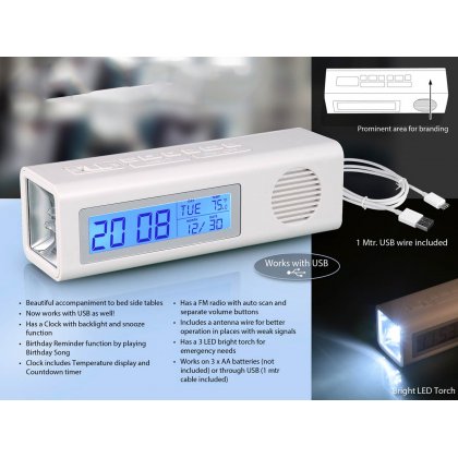 Personalized 3 in 1 clock with fm and torch with dual power option (with usb wire)