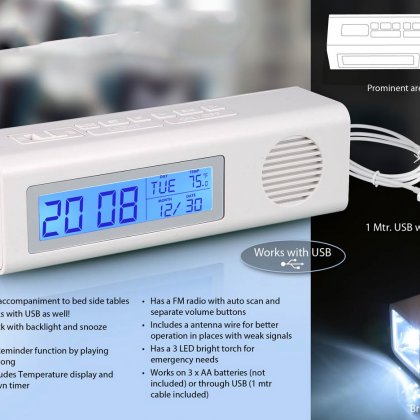 Personalized 3 in 1 clock with fm and torch with dual power option (with usb wire)