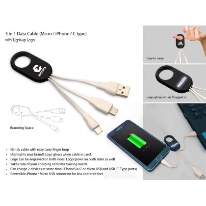 Personalized 3 In 1 Data Cable With Light Up Logo (Micro / iPhone / C Type)