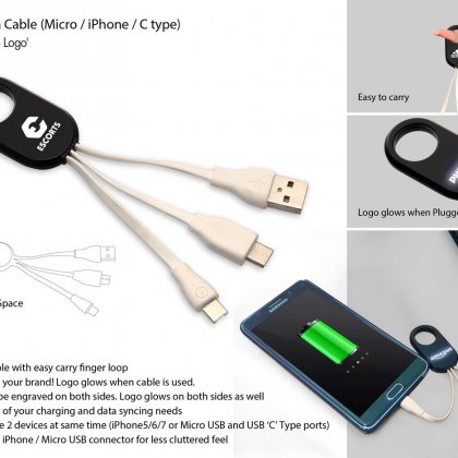 Personalized 3 In 1 Data Cable With Light Up Logo (Micro / iPhone / C Type)