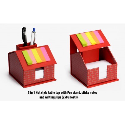 Personalized 3 In 1 Hut Style Table Top With Pen Stand, Sticky Notes And Writing Slips (250 Sheets)