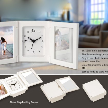 Personalized 3 pc folding alarm clock with photo frame and mirror