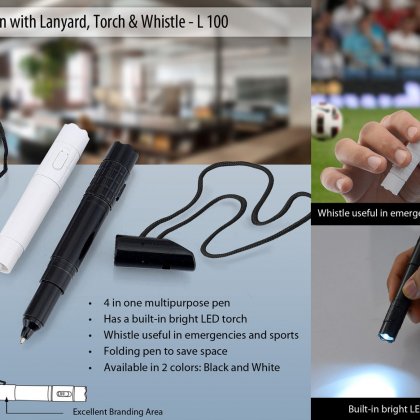 Personalized 4 in 1 pen with lanyard, torch & whistle