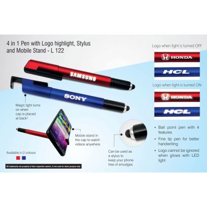 Personalized 4 in 1 pen with logo highlight, stylus and mobile stand