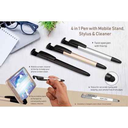 Personalized 4 In 1 Pen With Mobile Stand, Stylus And Cleaner