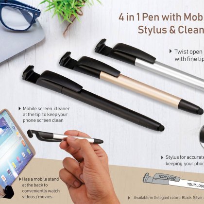 Personalized 4 In 1 Pen With Mobile Stand, Stylus And Cleaner