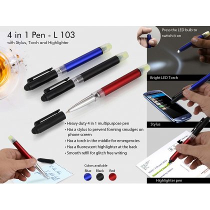 Personalized 4 in 1 pen with stylus, torch and highlighter