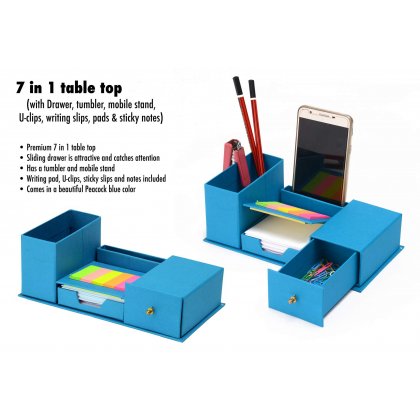 Personalized 7 In 1 Table Top With Drawer, Tumbler, Mobile Stand, U-Clips, Writing Slips, Pads And Sticky Notes