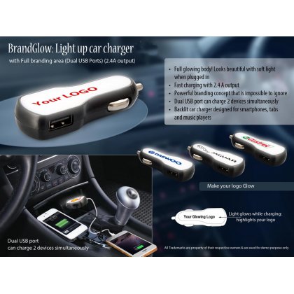 Personalized Brandglow: Light Up Car Charger With Full Branding Area (Dual USB Ports) (2.4A Output)