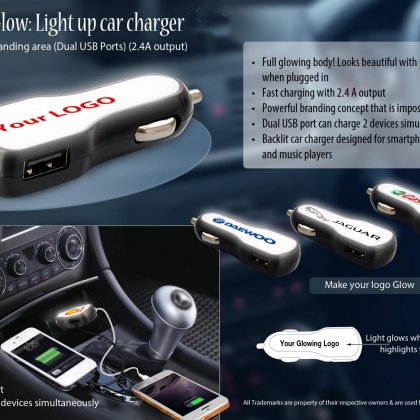 Personalized Brandglow: Light Up Car Charger With Full Branding Area (Dual USB Ports) (2.4A Output)
