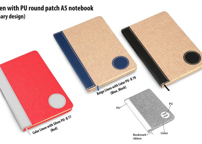 Personalized Brown Linen With Pu Round Patch A5 Notebook (Binary Design)