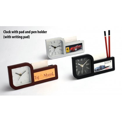 Personalized Clock With Pad And Pen Holder (With Writing Pad) (Branding Included)
