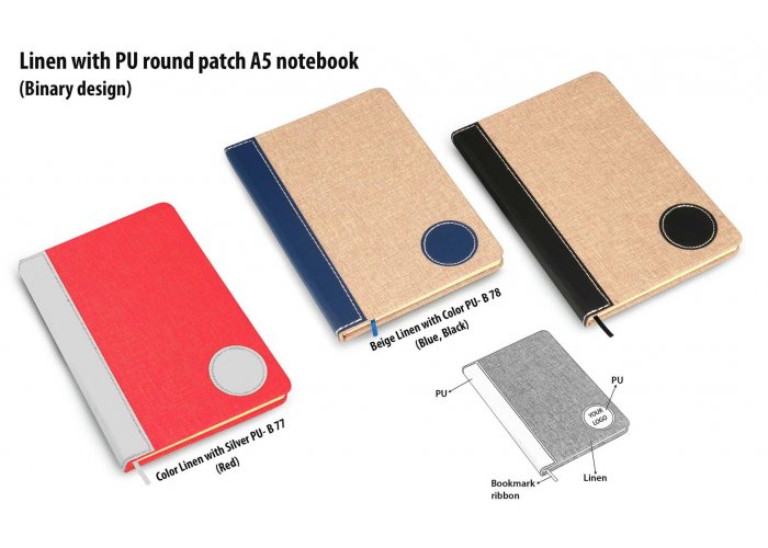 Personalized Colored Linen With Pu Round Patch A5 Notebook (Binary Design)