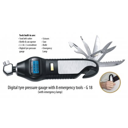 Personalized digital tyre pressure gauge with 7 emergency tools