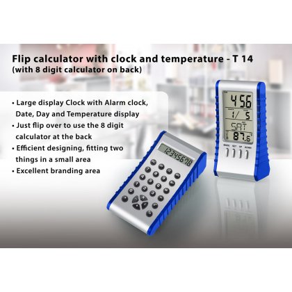 Personalized flip calculator with clock and temperature
