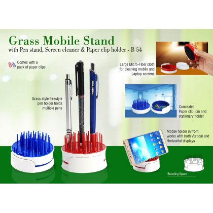 Personalized grass mobile stand with pen stand, screen cleaner & paper clip holder