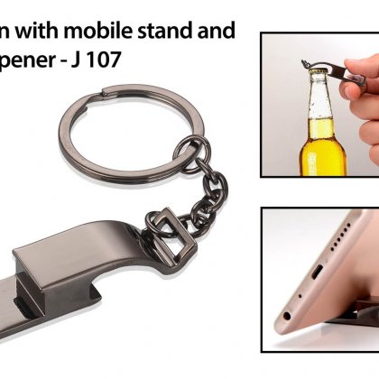 Personalized keychain with mobile stand and bottle opener