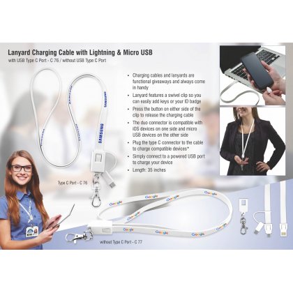Personalized Lanyard Charging Cable With Lightning, Micro USB And USB Type C Port