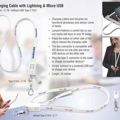 Personalized Lanyard Charging Cable With Lightning, Micro USB And USB Type C Port