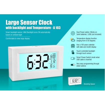 Personalized large sensor clock with backlight and temperature