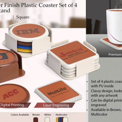 Personalized Leather Finish Plastic Coaster Set Of 4 With Stand (Round)
