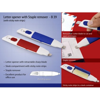 Personalized letter opener with staple remover and sticky note strips