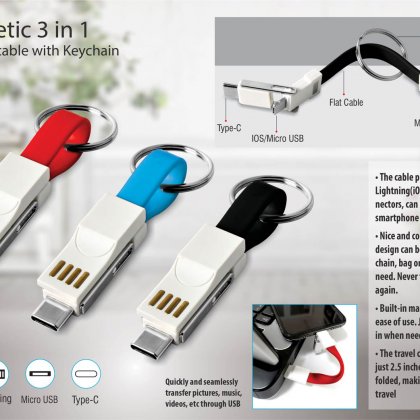 Personalized Magnetic 3 In 1 Charging Cable With Keychain