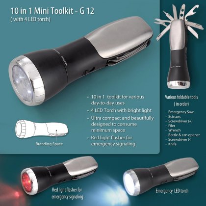 Personalized mini emergency trekking tool kit (10 function with 5 mode torch & 2 mode flasher)