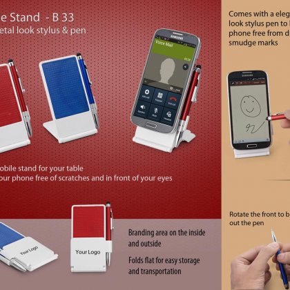 Personalized mobile stand with metal look stylus & pen
