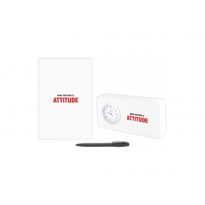 Personalized Attitude Gift Set Of Three (Table Clock Softcover Notebook & Pen)