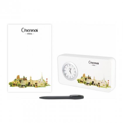 Personalized Chennai Gift Set Of Three (Table Clock Softcover Notebook & Pen)