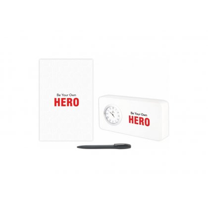 Personalized Hero Gift Set Of Three (Table Clock Softcover Notebook & Pen)