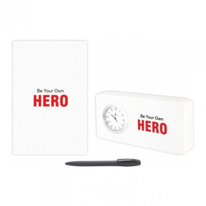 Personalized Hero Gift Set Of Three (Table Clock Softcover Notebook & Pen)