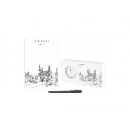 Personalized Hyderabad Gift Set Of Three (Table Clock Softcover Notebook & Pen)