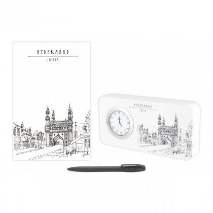 Personalized Hyderabad Gift Set Of Three (Table Clock Softcover Notebook & Pen)
