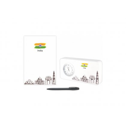 Personalized India Gift Set Of Three (Table Clock Softcover Notebook & Pen)
