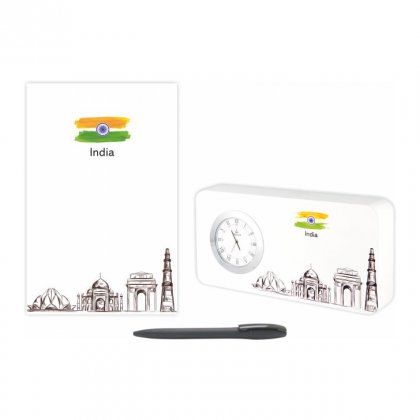 Personalized India Gift Set Of Three (Table Clock Softcover Notebook & Pen)