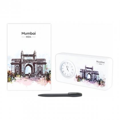 Personalized Mumbai Gift Set Of Three (Table Clock Softcover Notebook & Pen)