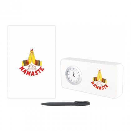 Personalized Namaste Gift Set Of Three (Table Clock Softcover Notebook & Pen)