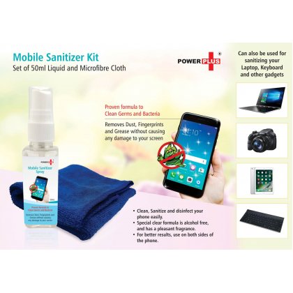 Personalized Power Plus Mobile Sanitizer Kit (Set Of 50Ml Liquid And Microfibre Cloth)