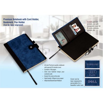 Personalized Premium Notebook With Card Holder, Bookmark, Pen Holder (Can Be Laser Engraved)