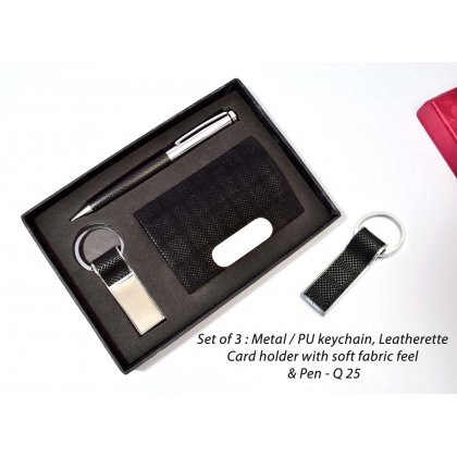 Personalized set of 3 : metal / pu keychain with soft fabric feel (j100), leatherette card holder with soft fabric feel (b63) & pen