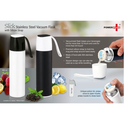 Personalized Slick Stainless Steel Vacuum Flask With Silicon Strap (500 Ml)