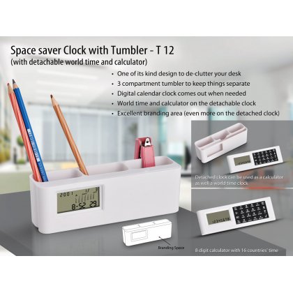 Personalized space saver clock with tumbler (with detachable world time calculator) (with battery)