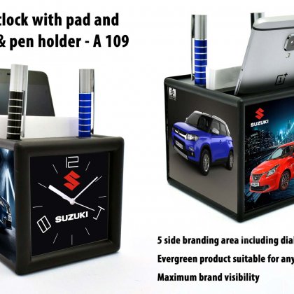 Personalized table clock with pad and mobile holder (4 side branding area) (branding included) (moq: 100)