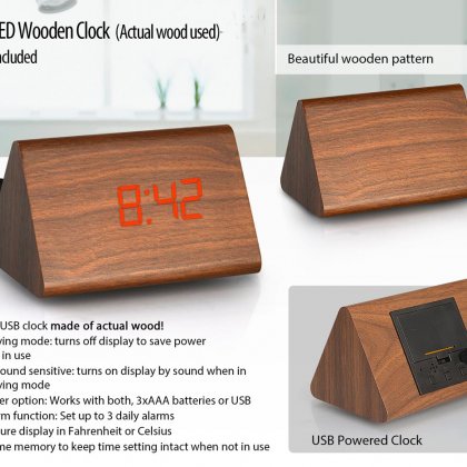 Personalized Triangle Led Wooden Clock (Actual Wood Used) (USB Cable Included)