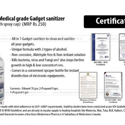 250 Ml Insta-Act Medical Grade Gadget Sanitizer (With Spray Cap)