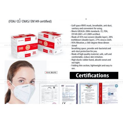 Golfspace KN95 Face Mask With Nosepin (FDA/ CE/ CNAS/ EN149 Certified) | Certificate Inside | 20pc Box