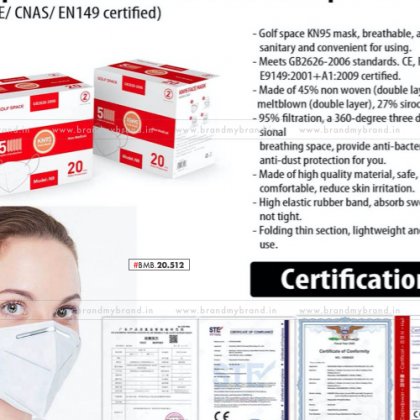 Golfspace KN95 Face Mask With Nosepin (FDA/ CE/ CNAS/ EN149 Certified) | Certificate Inside | 20pc Box